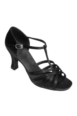 Godance Latin Shoes Βlack Satin with Τ-Strap