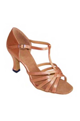Godance Latin Shoes Brown Satin with Τ-Strap